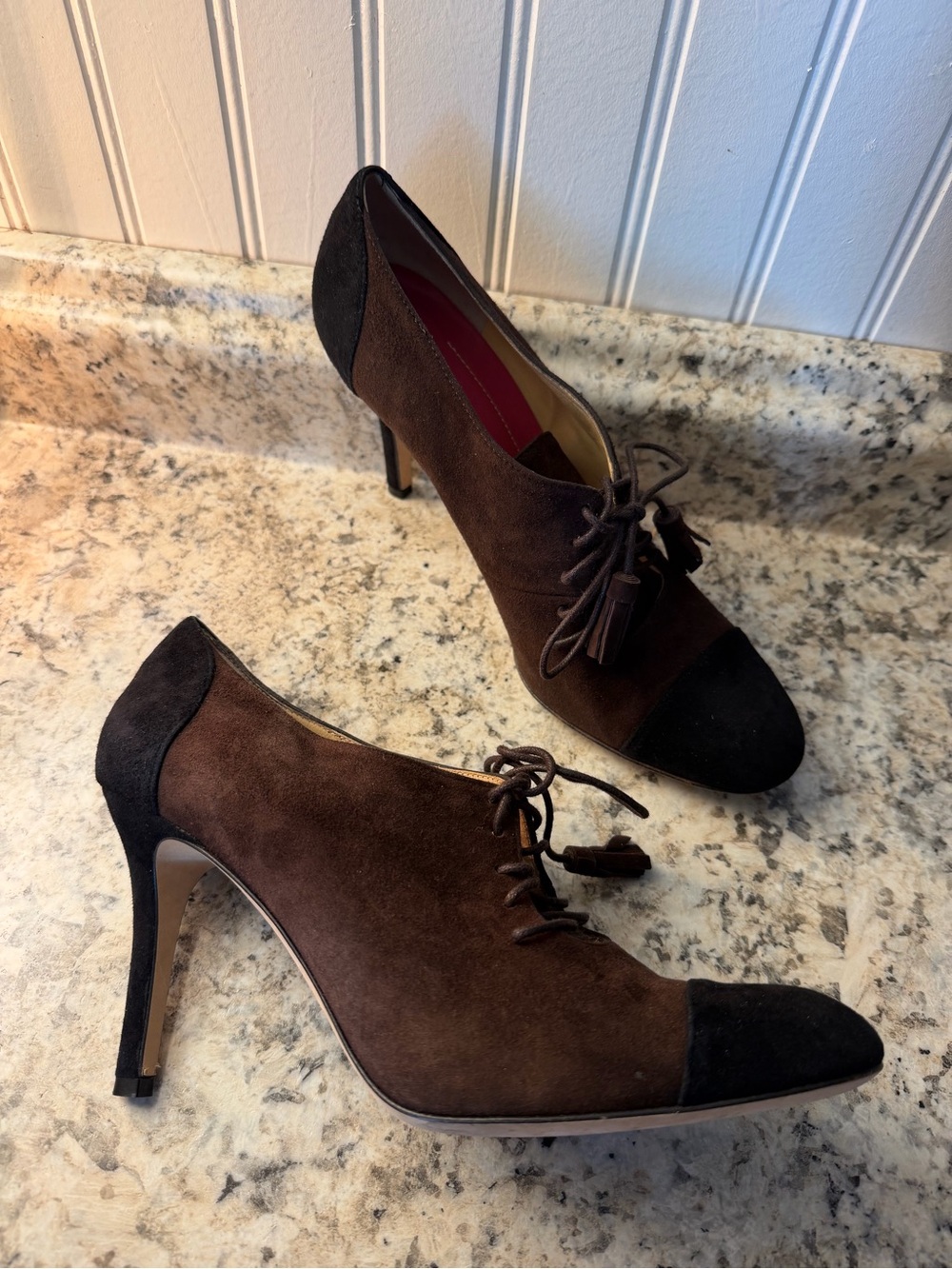 kate spade Brown and Black Suede Lace-Up Heels Tassel Laces Fall Cozy Witch